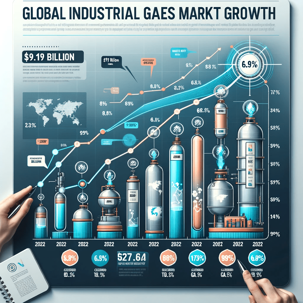 dall·e 2023 11 17 21.58.29 an informative infographic illustrating the growth of the global industrial gases market. the graphic shows a rising trend line with key data points 
